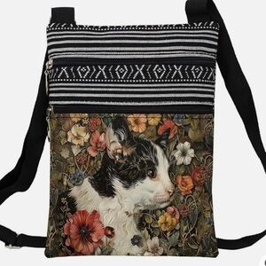 Floral Cat Messenger Bag Small Ethnic Pattern Black White Multicolor Women
